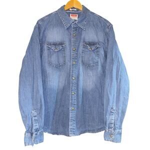 Wrangler Chambray Pearl Snap Button Up Shirt Men's XL Fisherman Distressed Fall